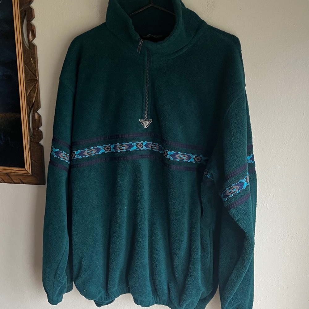 Vintage Spindle River Men's Teal Fleece Pullover with Aztec Pattern